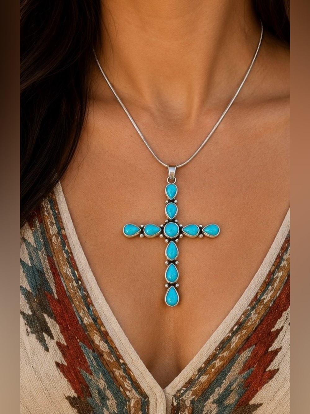 Coriz Santo Domingo Native American Sterling Silver Turquoise Cross Necklace